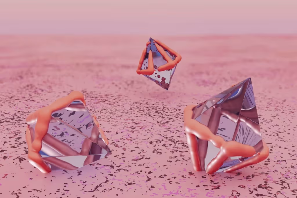 Modern art image featuring crystal-like pyramids with abstract pink wrappings on a soft pink floor.
