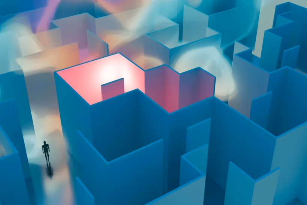 A maze with soft glowing lighting, featuring a small figure walking between the blue and pink walls.