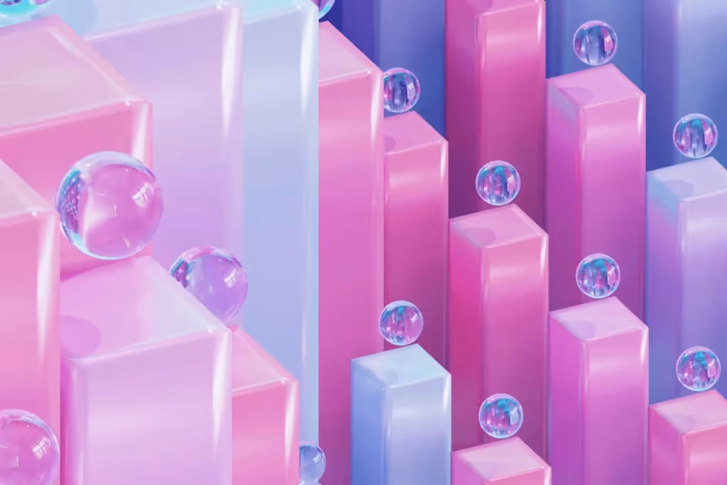 Abstract 3D scene with pink and blue blocks and transparent floating bubbles on a smooth surface.