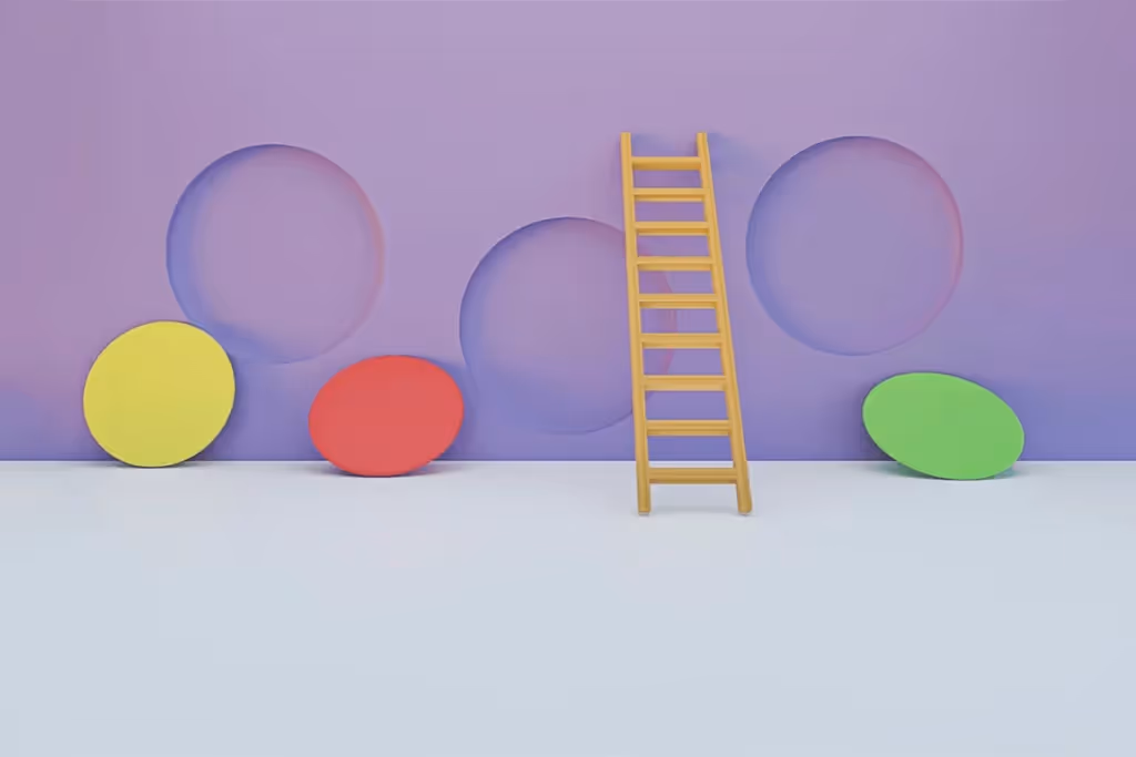 Minimalist design with a yellow ladder and bright colored circles in red, yellow, and green against a purple wall.