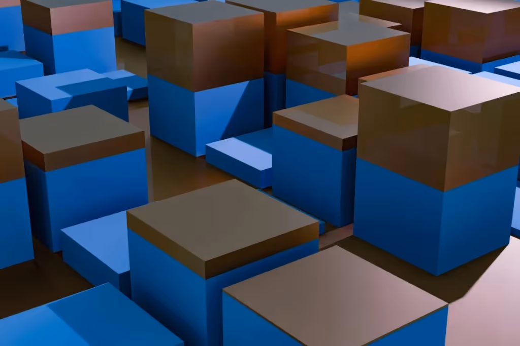 Abstract arrangement of blue and brown 3D cubes with glossy surfaces, forming an artistic geometric pattern.