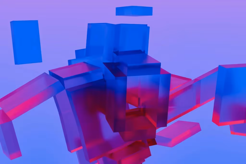 Abstract 3D shapes in blue and pink floating over a purple background.