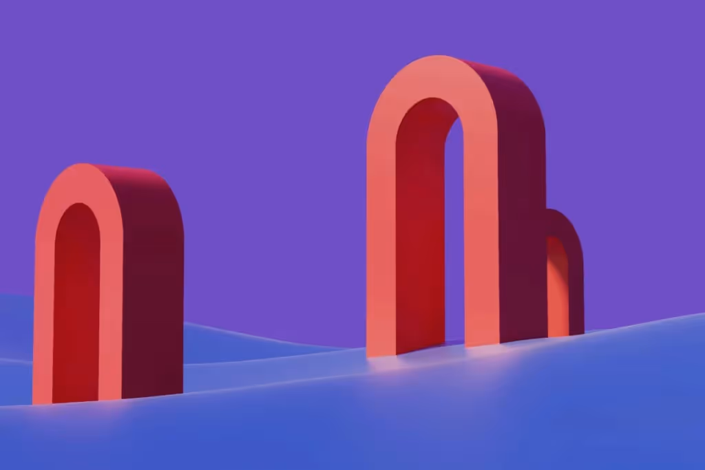 Red 3D arch structures on a wavy blue surface with purple background.