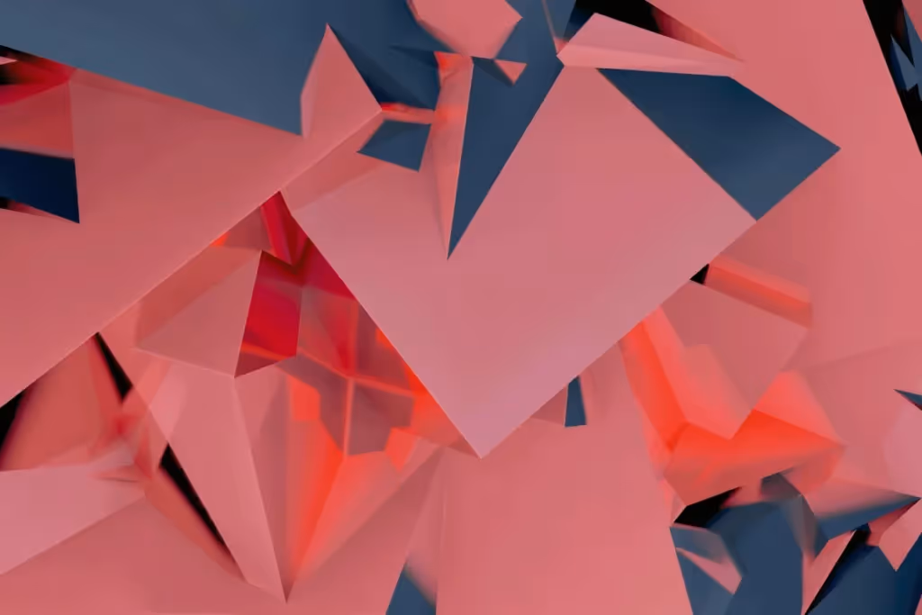 Abstract geometric composition with overlapping pink and blue translucent shapes.