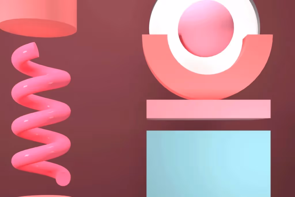 Pink 3D spiral and geometric shapes on a maroon background.