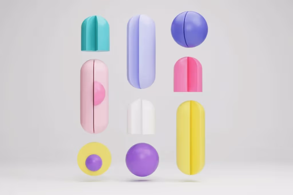 Vibrant and playful composition of 3D geometric shapes like spheres, cones, and capsules in pastel colors against a neutral background.