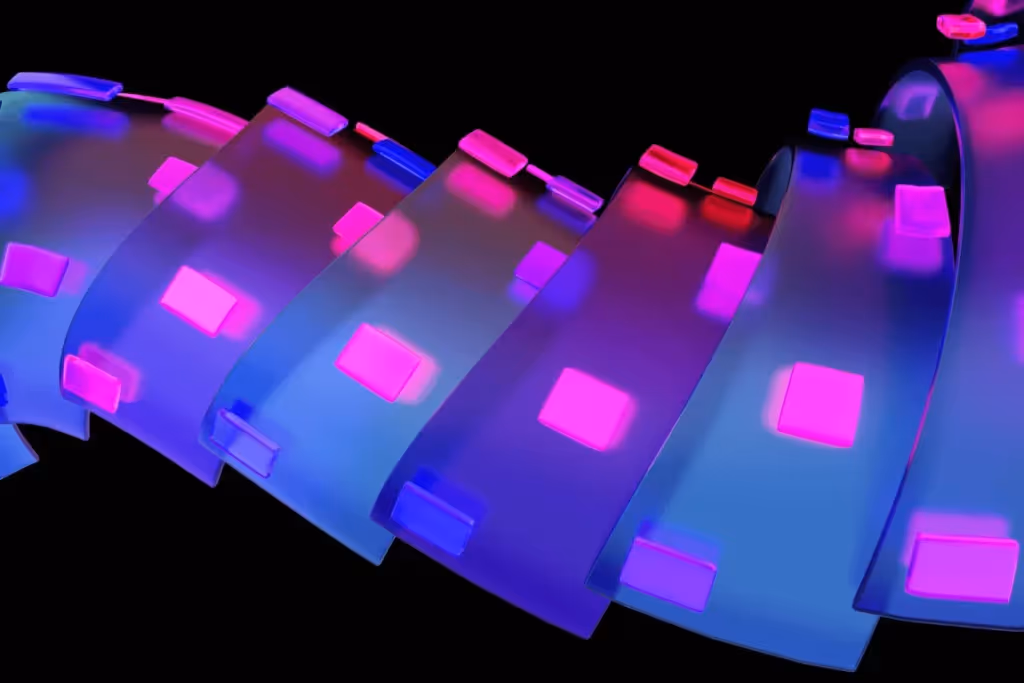 Glowing pink and blue lights embedded in a wavy ribbon structure.