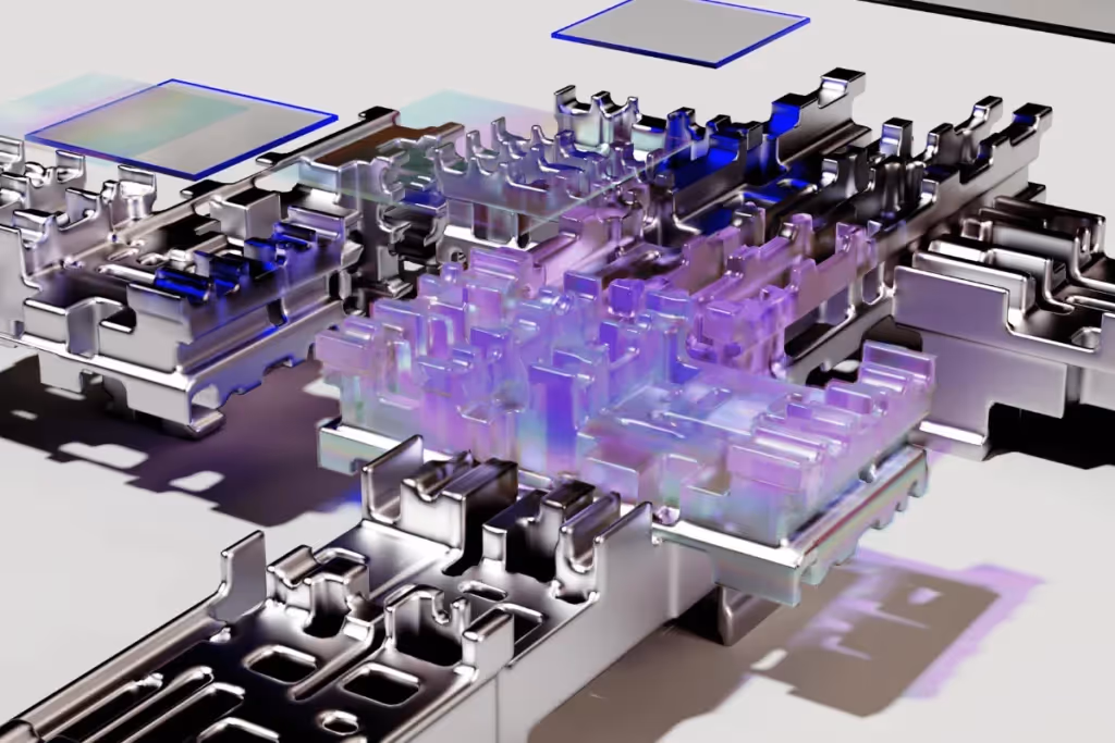 Metallic circuit-like structure with purple and silver tones.