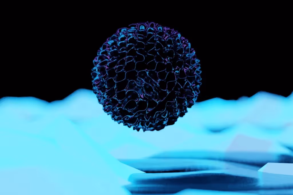 Dark spiky sphere floating above glowing blue surface.