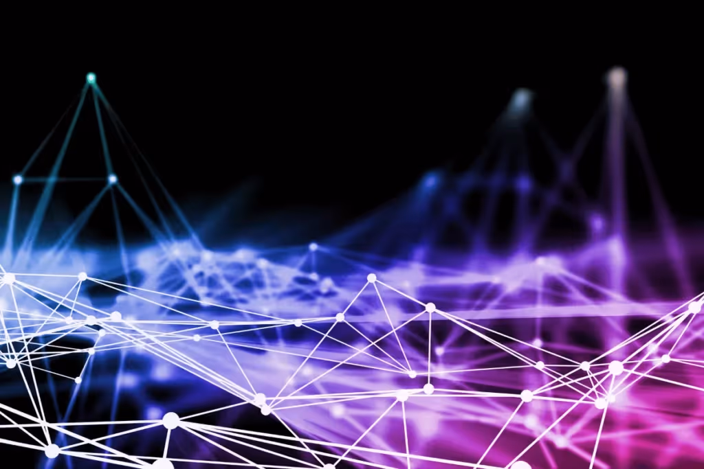 Abstract digital network with glowing white nodes connected by lines, set against a dark purple and blue background.