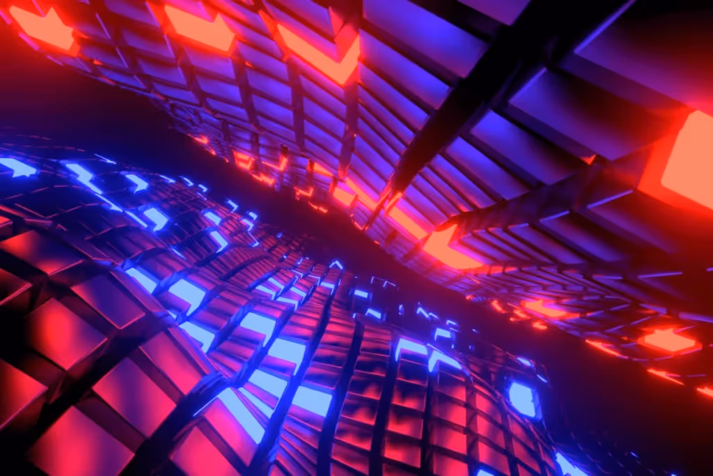 Futuristic red and blue neon-lit tunnel with geometric patterns.