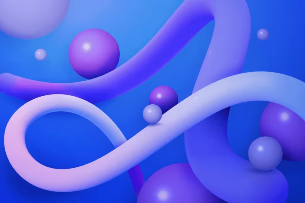 Modern digital artwork featuring curved tubes and glossy orbs in violet and lavender tones.