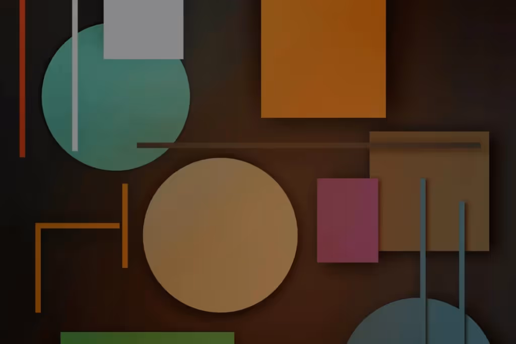 Abstract geometric design with circles, squares, and lines on a dark background.