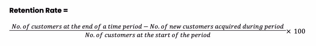 Formula for calculating customer retention rate, detailing customer counts at different time periods.