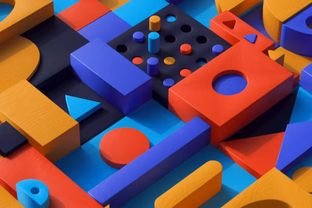 Multicolored shapes including circles, triangles, and rectangles.