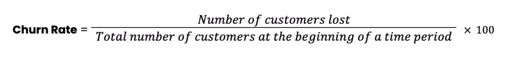 Churn Rate formula displayed, detailing the calculation of customer loss as a percentage of initial customer count over a time period.