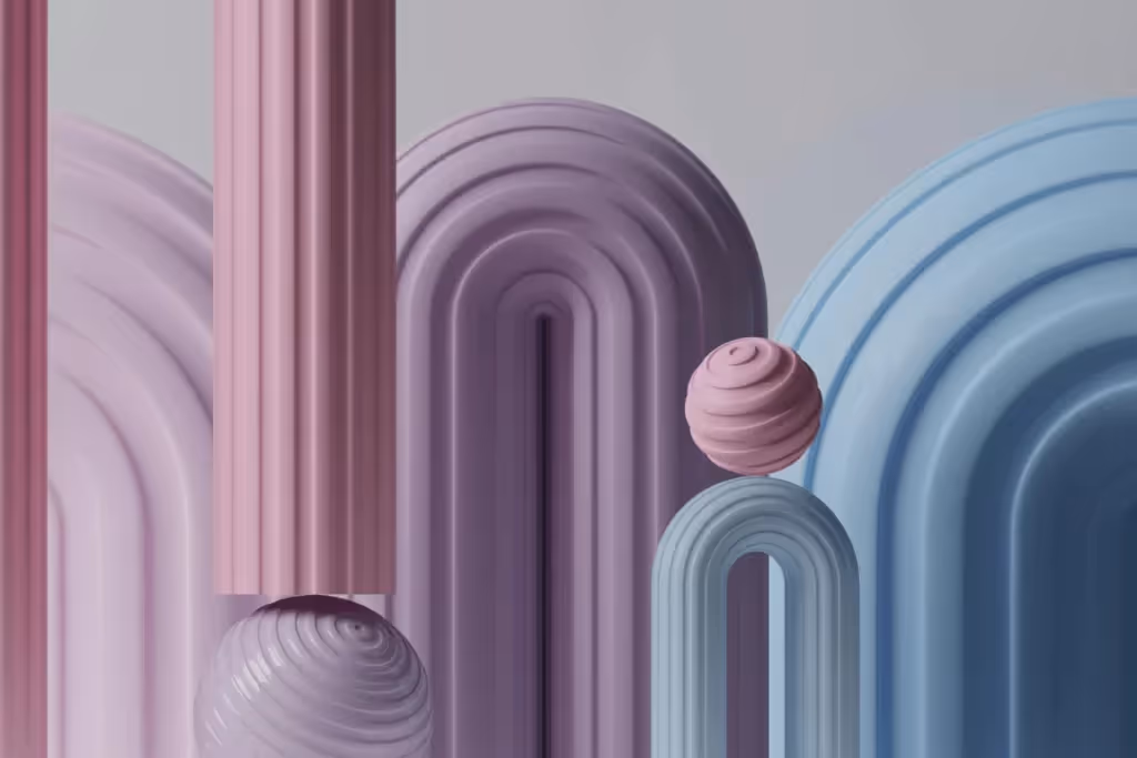 3D pastel arches with spiral spheres in soft tones.
