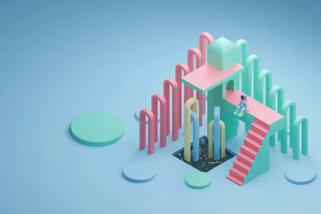 Futuristic playground design in mint, pink, and yellow with a seated robot figure.