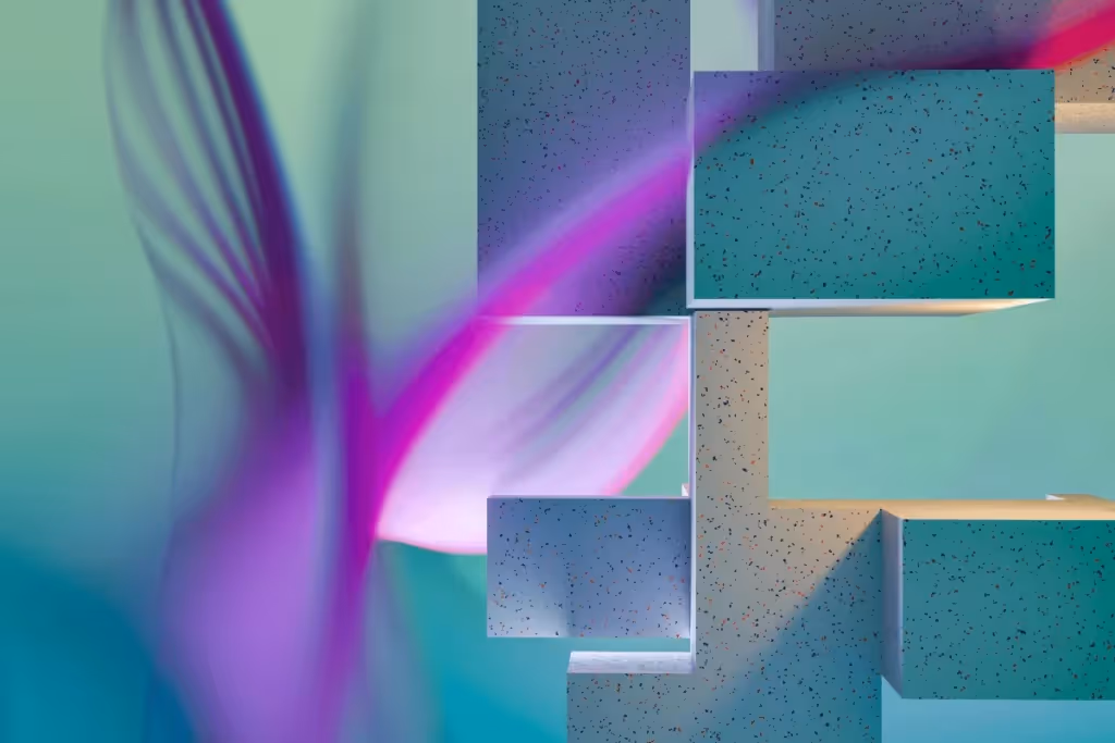 Geometric cubes with speckled texture on a green and blue gradient backdrop.