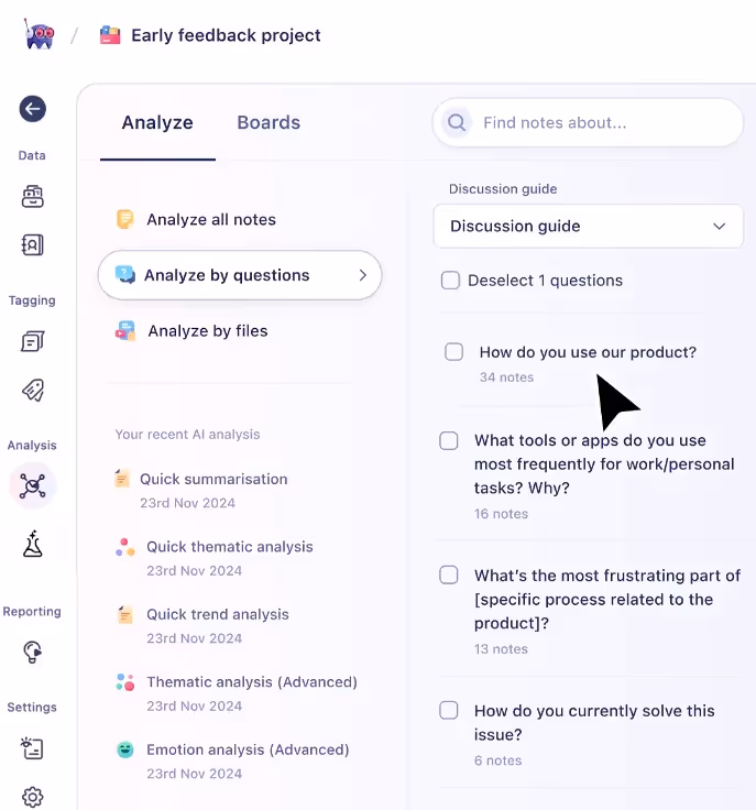 UX research dashboard analyzing product feedback questions.