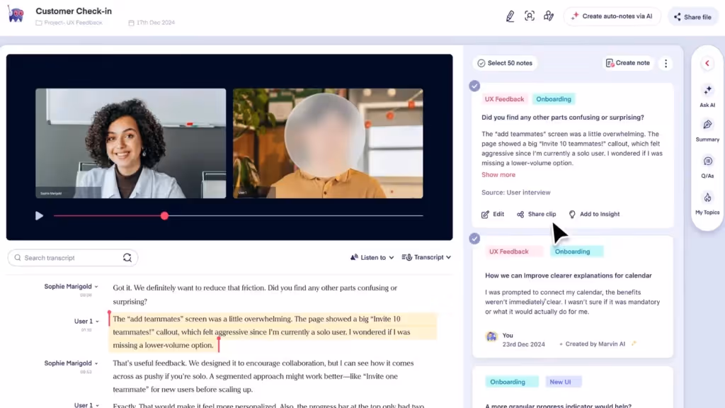 A virtual meeting interface displays a conversation between two users discussing UX feedback on a project. Notes highlighted on the screen.