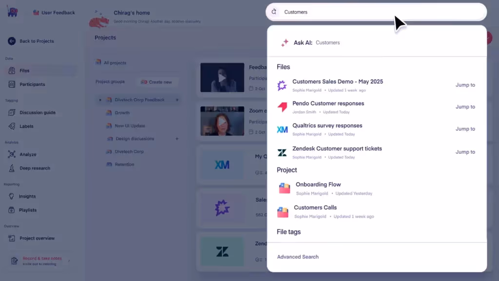 A project management interface showing files, projects, and tags related to customer feedback and analysis, with search functionality.