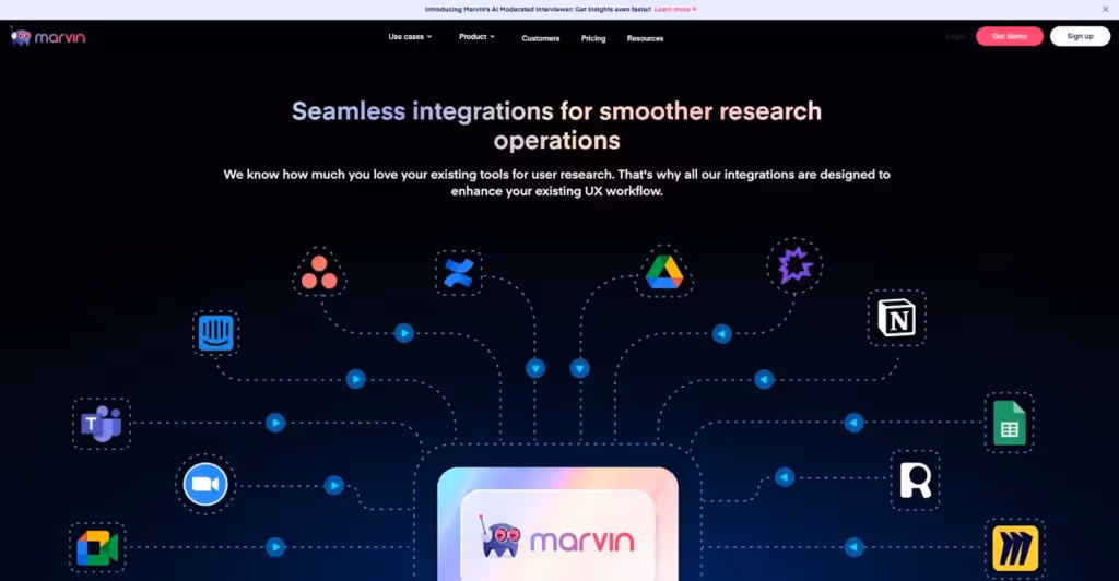 Marvin dashboard showing integrations with UX research tools.