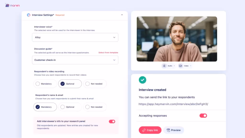 A digital interface displaying interview settings, including options for voice, discussion guide, and respondent recording preferences.