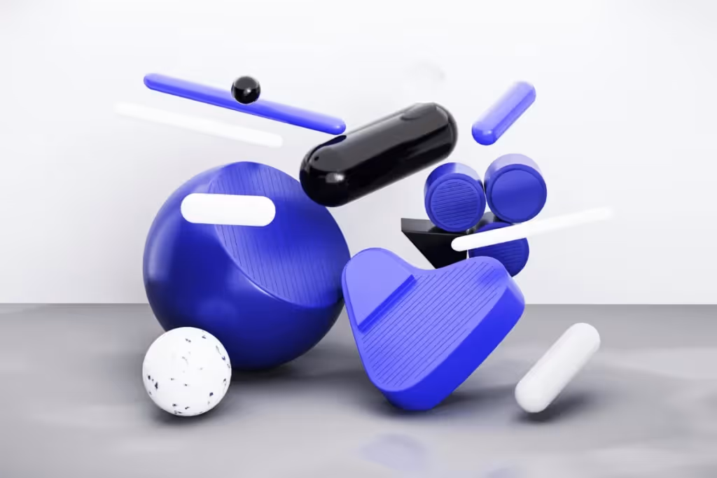 Abstract 3D composition with blue, black, and white geometric shapes.