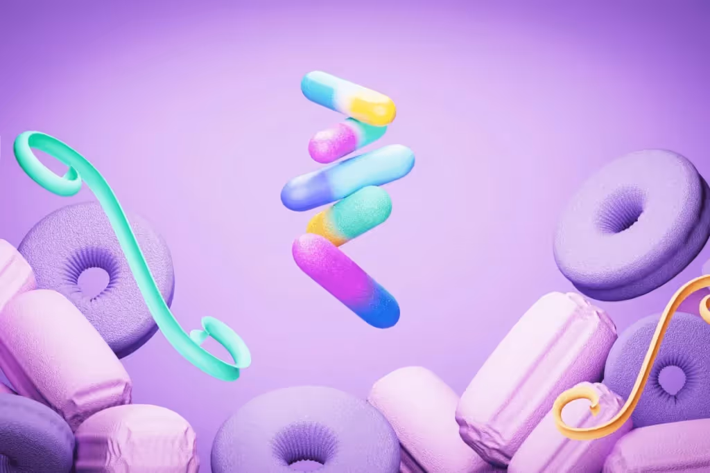 Abstract 3D illustration with colorful capsules and purple shapes.