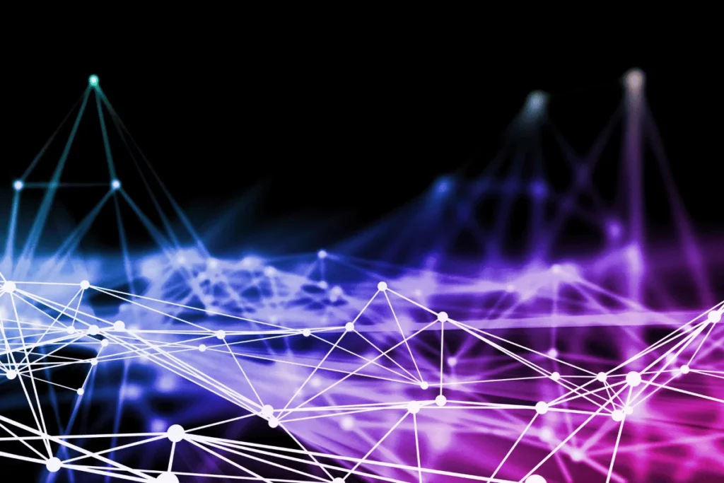 Futuristic web of interconnected nodes and lines with a gradient effect.