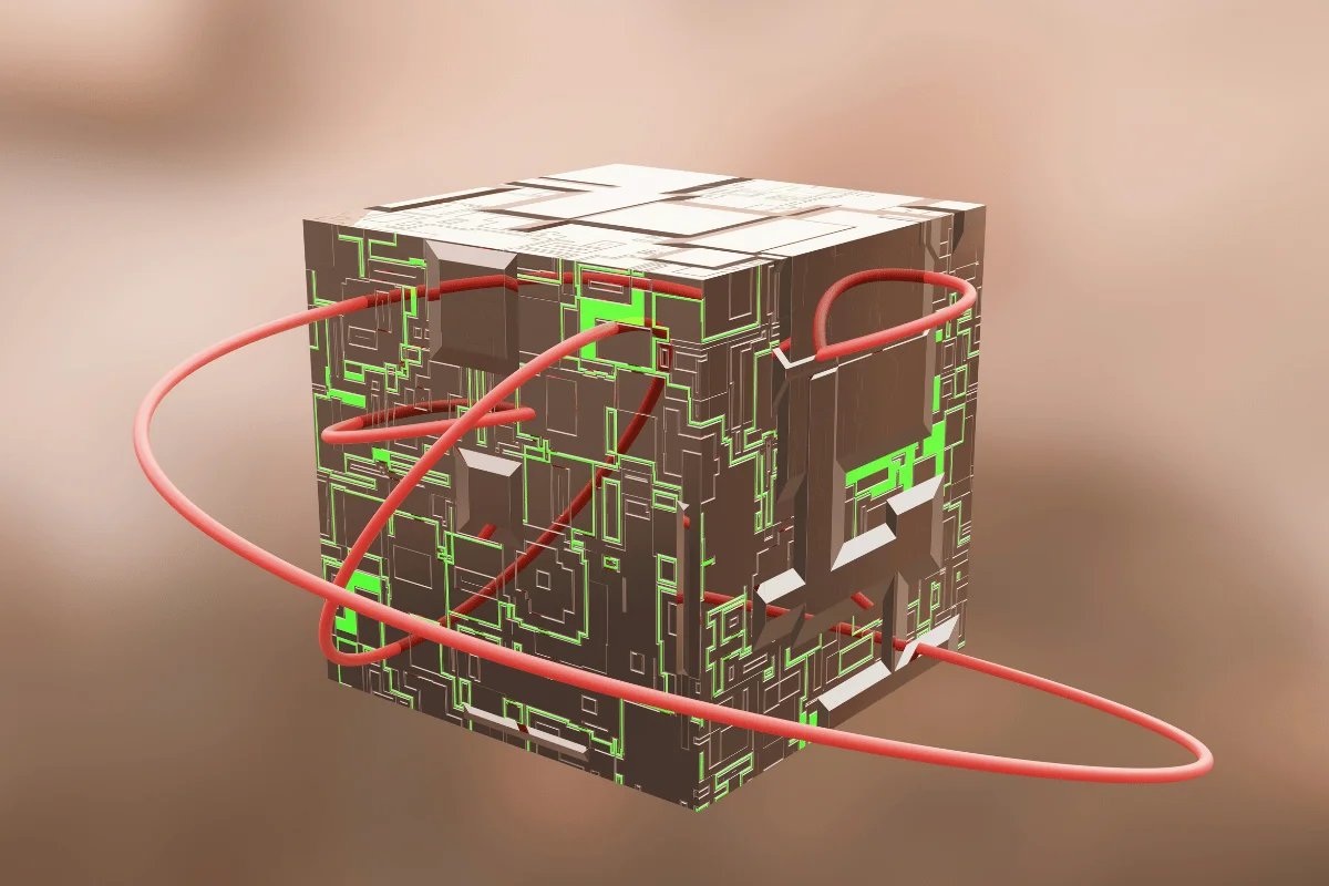 Geometric 3D cube artwork with glowing green circuits.
