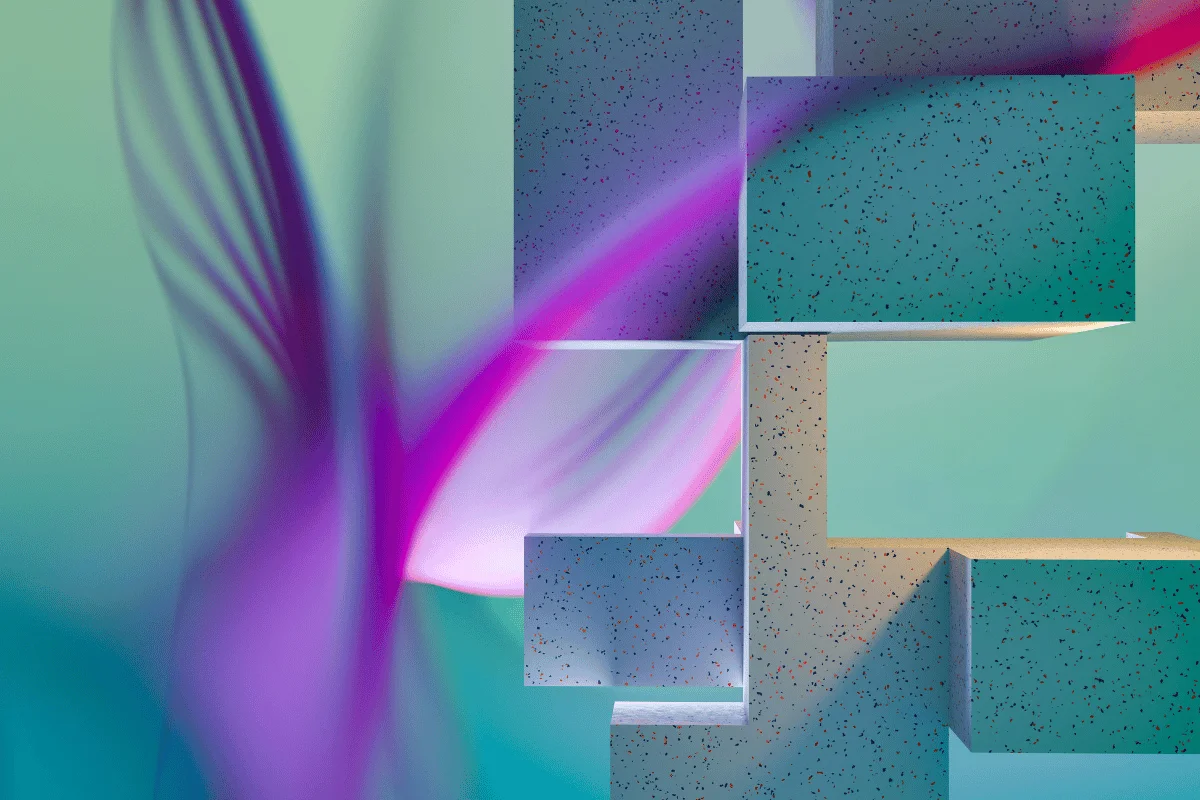 Futuristic 3D illustration with stacked rectangles and gradient lighting.