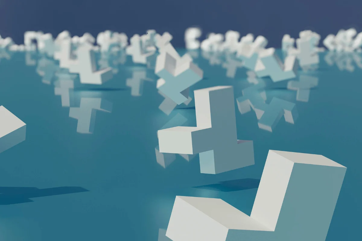 Blue water surface with scattered geometric white structures.