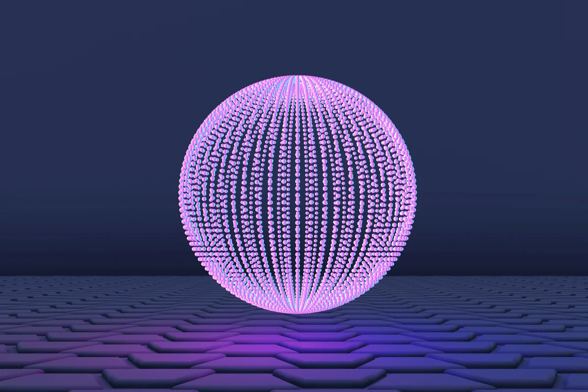 A glowing, translucent purple sphere composed of parallel dots hovers over a dark, geometric-patterned surface, creating a futuristic and serene atmosphere.