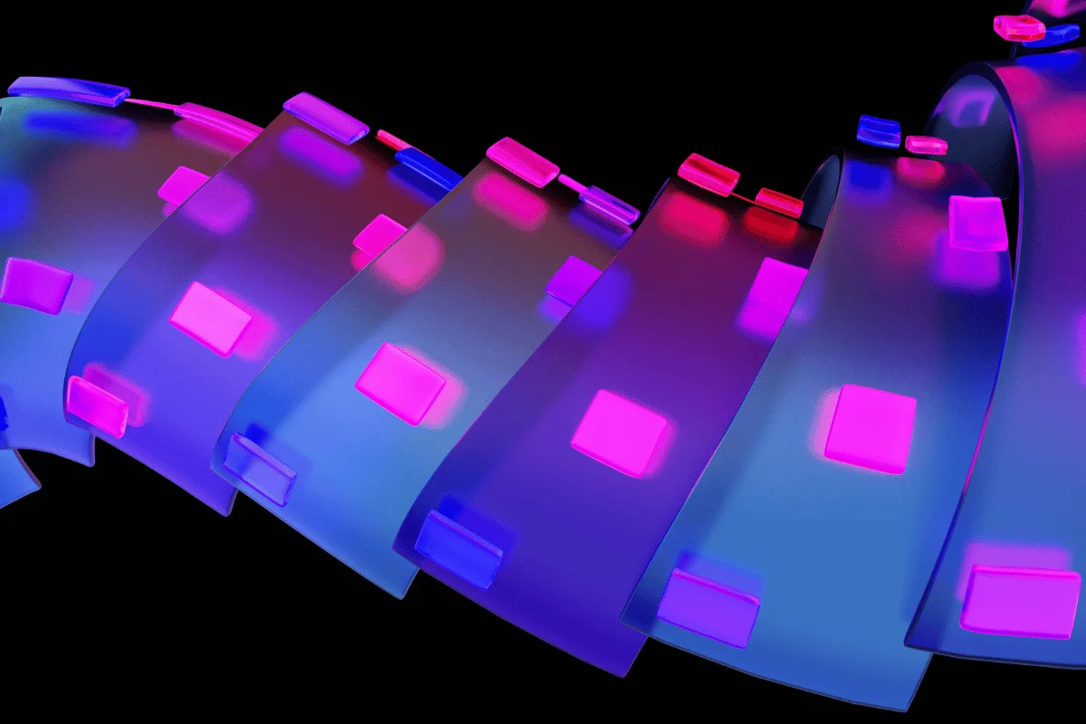 Wavy translucent band featuring bright LED-like pixels.