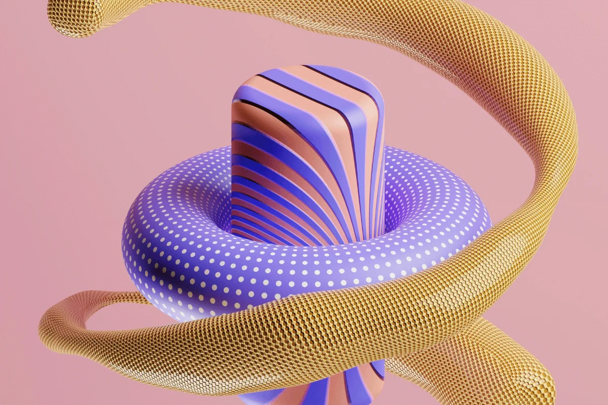 Abstract 3D art with striped cylinder and dotted torus design.