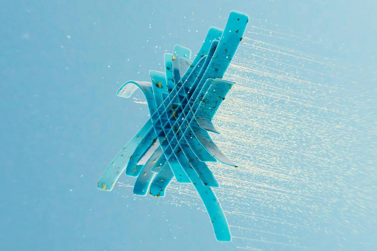 Interwoven blue shapes suspended mid-air with particles.