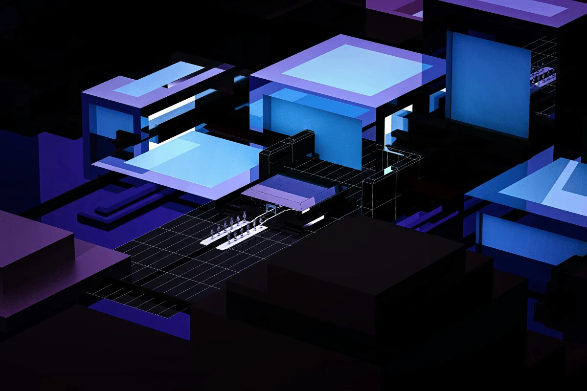 3D rendered abstract cityscape with purple and blue cubes arranged in layers.