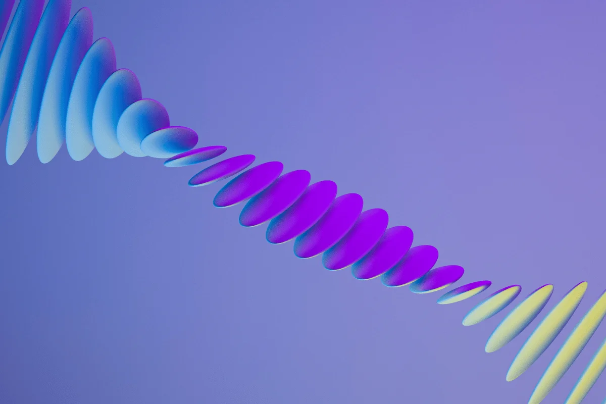 Colorful elliptical shapes forming a twisting, wave-like 3D pattern on a gradient purple background.