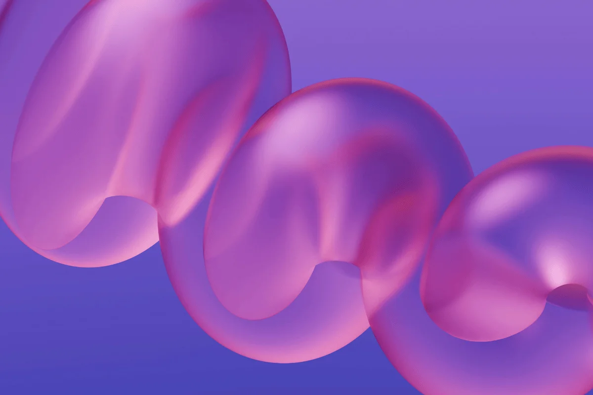 Translucent bubble-like curves against a violet backdrop.