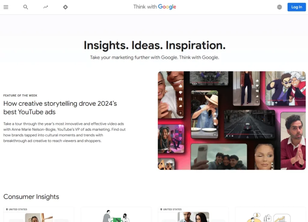 Homepage of "Think with Google" showcasing insights on creative storytelling in YouTube ads for 2024.