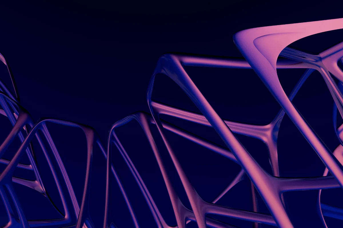 3D visualization of interconnected geometric structures with a glowing purple and blue color scheme.