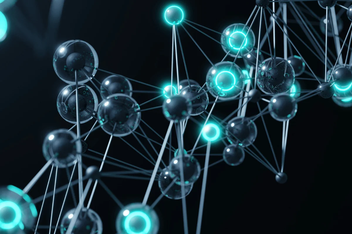 Abstract 3D network visualization with glowing nodes and connections representing data or artificial intelligence systems.