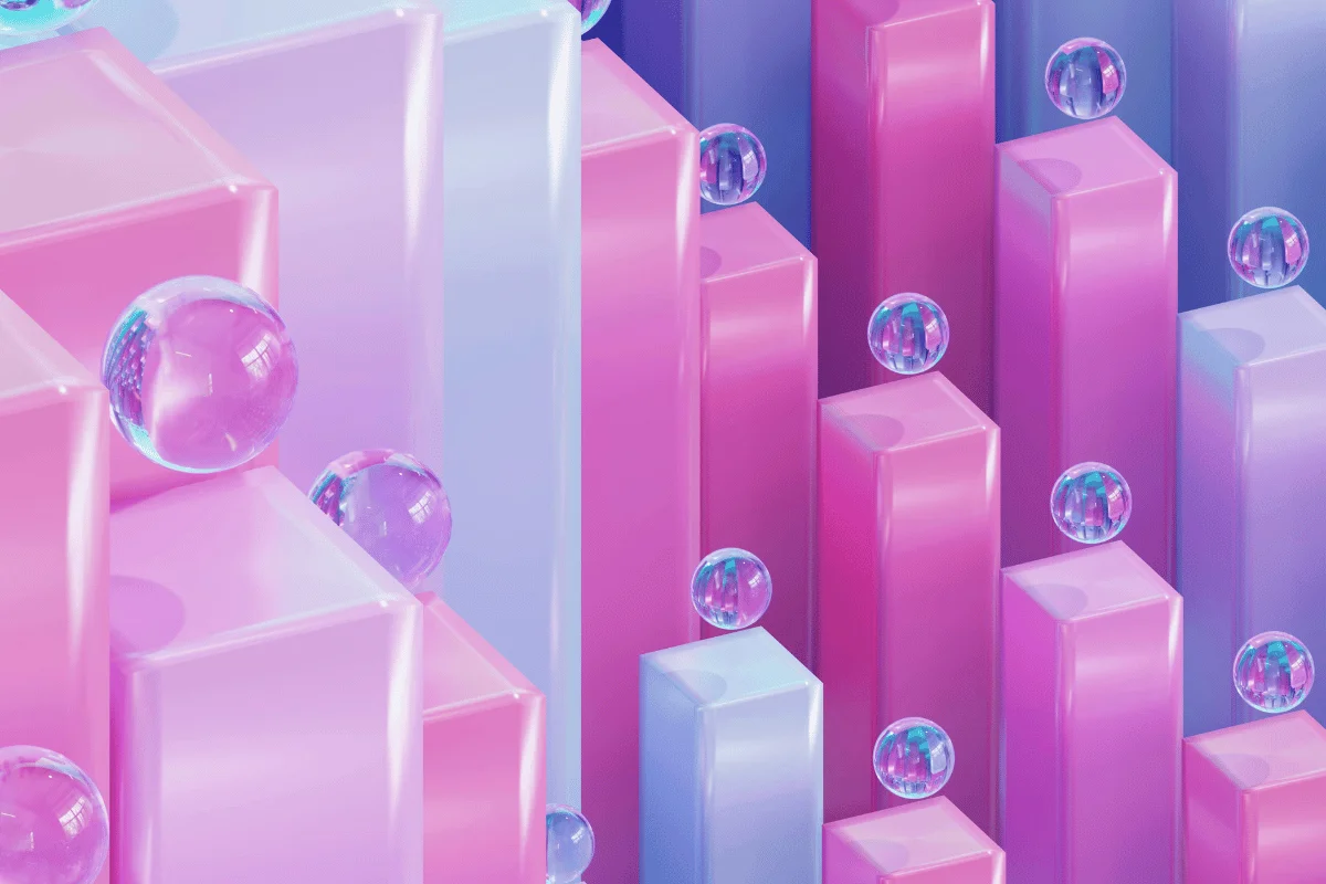 Modern 3D design featuring pink and blue blocks with floating translucent bubbles.