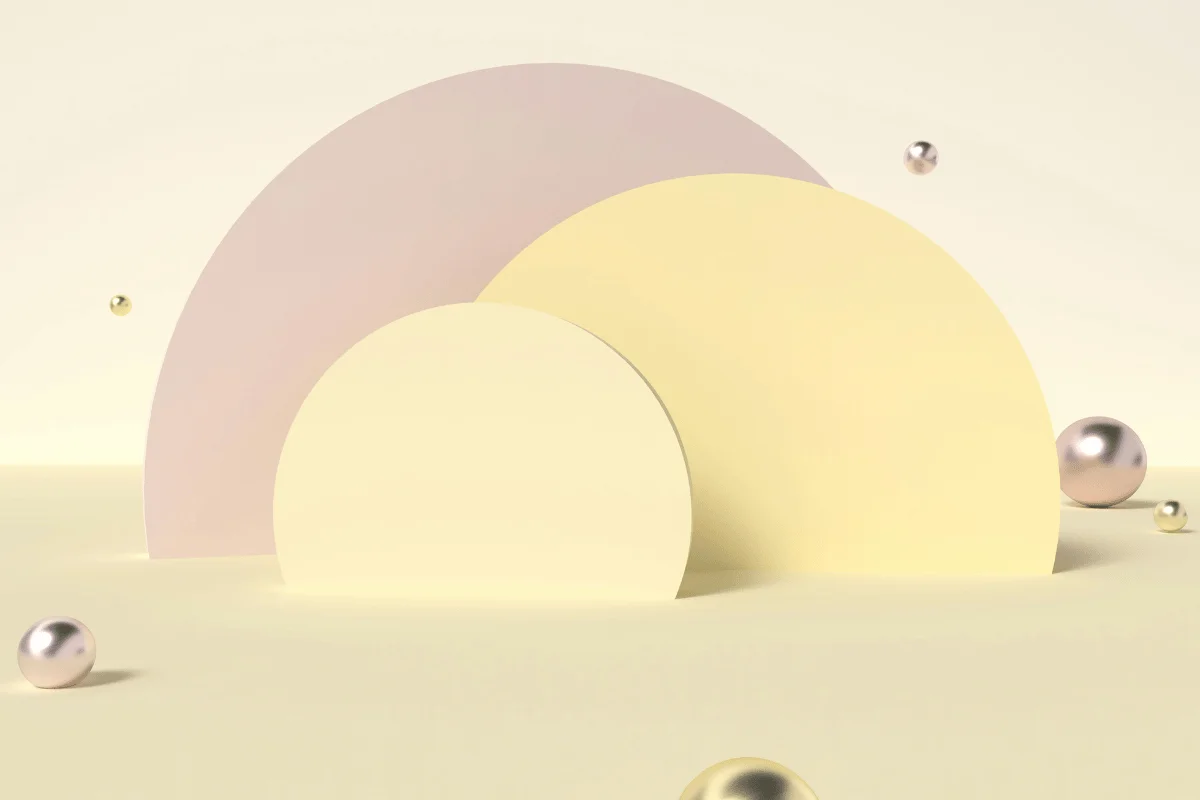 Soft pastel abstract background with curved panels and floating spheres.