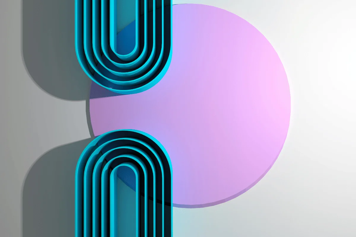 Blue U-shaped layered elements overlapping a purple gradient circle.