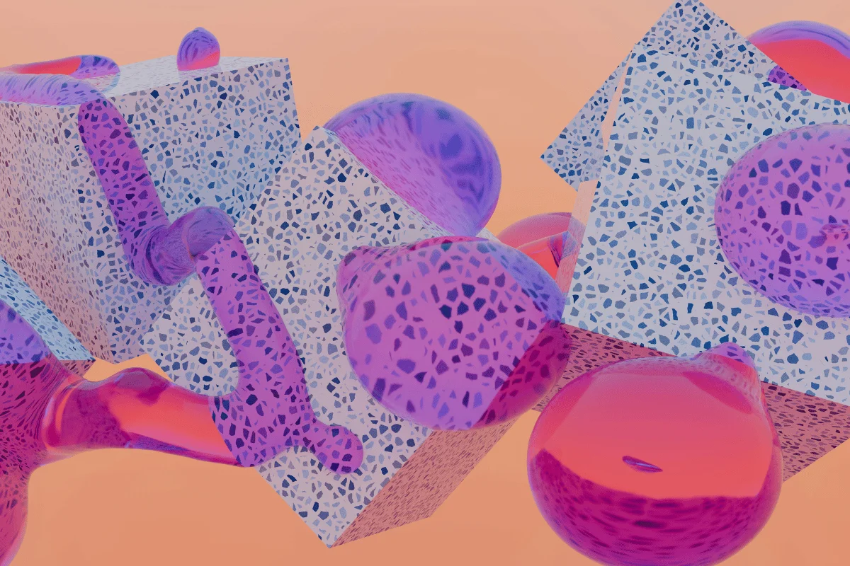 A visually rich piece featuring floating elements with complementary patterns and translucent effects.