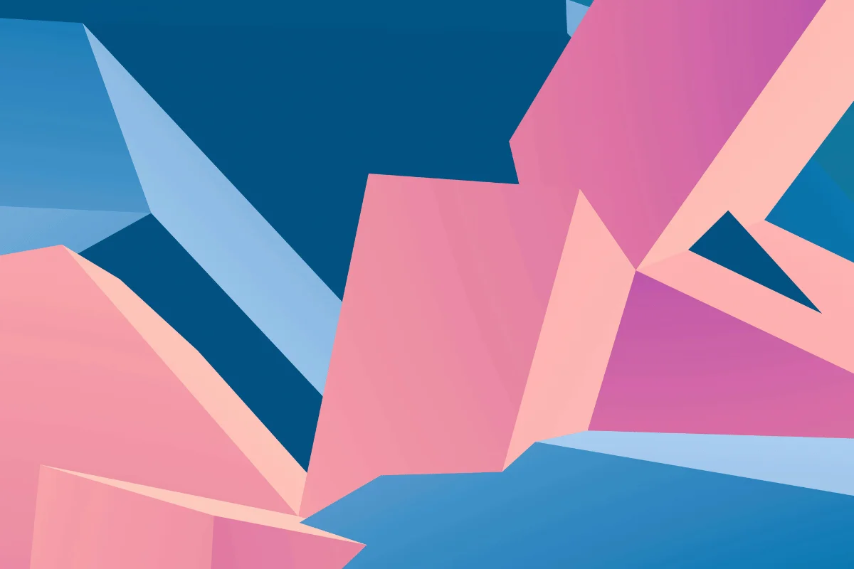 Futuristic digital art showcasing angular pink shapes contrasting with deep blue geometric forms.
