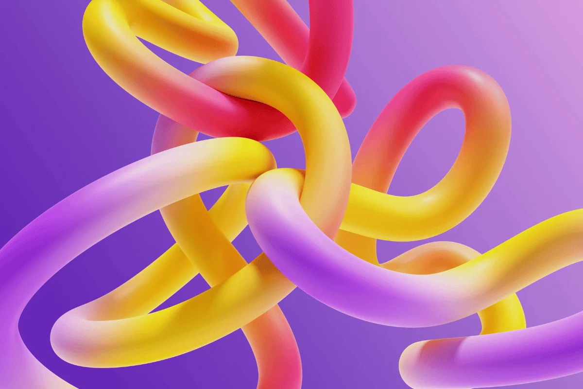 Abstract 3D loops in pink, purple, and yellow on a violet background.
